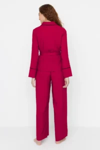 TRENDYOLMiLLA Burgundy Belted Piping Detailed Double Breasted Viscose Woven Pajama Set - Image 7