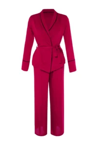 TRENDYOLMiLLA Burgundy Belted Piping Detailed Double Breasted Viscose Woven Pajama Set - Image 8