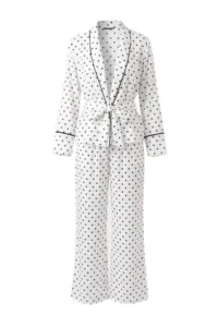 TRENDYOLMiLLA White-Black Belted Polka Dot Piping Detailed Double Breasted Viscose Woven Pajama Set - Image 5