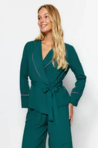 TRENDYOLMiLLA Emerald Green Belted Piping Detailed Double Breasted Viscose Woven Pajama Set