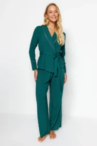 TRENDYOLMiLLA Emerald Green Belted Piping Detailed Double Breasted Viscose Woven Pajama Set - Image 2