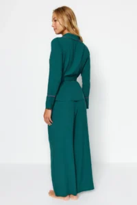 TRENDYOLMiLLA Emerald Green Belted Piping Detailed Double Breasted Viscose Woven Pajama Set - Image 6