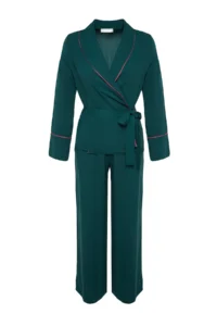 TRENDYOLMiLLA Emerald Green Belted Piping Detailed Double Breasted Viscose Woven Pajama Set - Image 7
