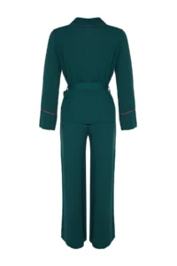 TRENDYOLMiLLA Emerald Green Belted Piping Detailed Double Breasted Viscose Woven Pajama Set - Image 9