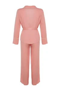 TRENDYOLMiLLA Powder Belted Piping Detailed Double Breasted Viscose Woven Pajama Set - Image 10