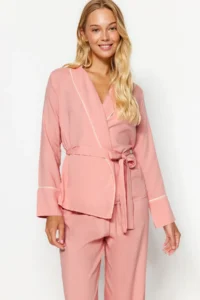 TRENDYOLMiLLA Powder Belted Piping Detailed Double Breasted Viscose Woven Pajama Set - Image 2