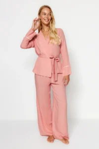 TRENDYOLMiLLA Powder Belted Piping Detailed Double Breasted Viscose Woven Pajama Set - Image 3