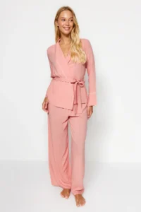 TRENDYOLMiLLA Powder Belted Piping Detailed Double Breasted Viscose Woven Pajama Set - Image 4