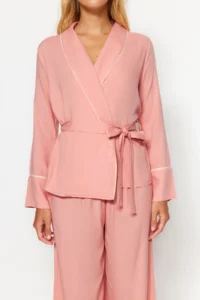 TRENDYOLMiLLA Powder Belted Piping Detailed Double Breasted Viscose Woven Pajama Set - Image 5