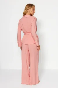 TRENDYOLMiLLA Powder Belted Piping Detailed Double Breasted Viscose Woven Pajama Set - Image 7