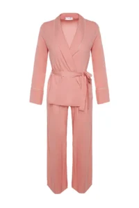 TRENDYOLMiLLA Powder Belted Piping Detailed Double Breasted Viscose Woven Pajama Set - Image 8