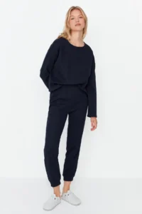 TRENDYOLMiLLA Navy Blue Waffle Fabric Knitted Pajama Set - Image 2