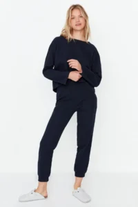 TRENDYOLMiLLA Navy Blue Waffle Fabric Knitted Pajama Set - Image 3
