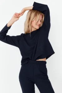 TRENDYOLMiLLA Navy Blue Waffle Fabric Knitted Pajama Set - Image 4