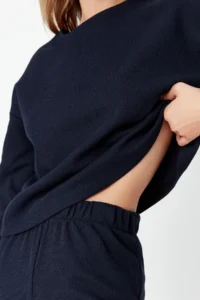 TRENDYOLMiLLA Navy Blue Waffle Fabric Knitted Pajama Set - Image 5