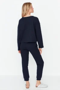 TRENDYOLMiLLA Navy Blue Waffle Fabric Knitted Pajama Set - Image 6