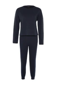 TRENDYOLMiLLA Navy Blue Waffle Fabric Knitted Pajama Set - Image 7