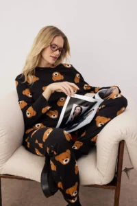 TRENDYOLMiLLA Black 100% Cotton Teddy Bear Knitted Pajama Set - Image 2