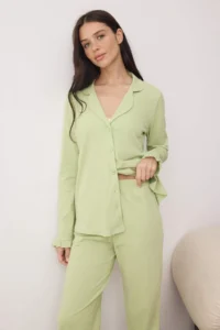 TRENDYOLMiLLA Mint 100% Cotton Ruffle Knitted Pajama Set - Image 2