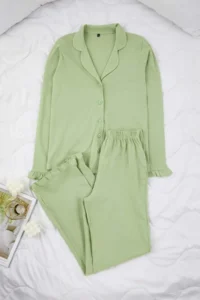TRENDYOLMiLLA Mint 100% Cotton Ruffle Knitted Pajama Set - Image 5