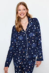 TRENDYOLMiLLA Indigo Galaxy Patterned Viscose Woven Pajama Set - Image 2