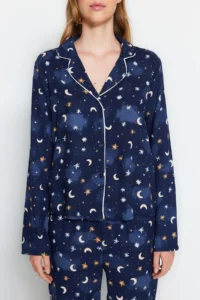 TRENDYOLMiLLA Indigo Galaxy Patterned Viscose Woven Pajama Set - Image 4