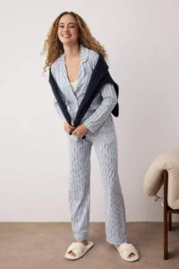 TRENDYOLMiLLA Mavi 100% Cotton Striped Shirt-Pants Knitted Pajama Set
