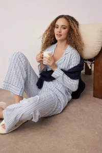 TRENDYOLMiLLA Mavi 100% Cotton Striped Shirt-Pants Knitted Pajama Set - Image 2