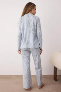 TRENDYOLMiLLA Mavi 100% Cotton Striped Shirt-Pants Knitted Pajama Set - Image 4