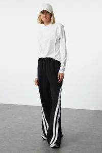 TRENDYOLMİLLA Black Cotton Blended Color Blocked Stripe Detailed Wide Leg Knitting Sports Sweatpants - Image 2
