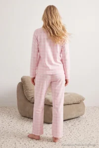 TRENDYOLMiLLA Pink-Multicolored Plaid Viscose Woven Pajama Set with Ribbon/Bow and Piping Detail - Image 4
