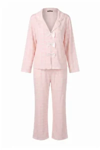 TRENDYOLMiLLA Pink-Multicolored Plaid Viscose Woven Pajama Set with Ribbon/Bow and Piping Detail - Image 6