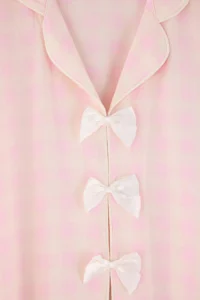 TRENDYOLMiLLA Pink-Multicolored Plaid Viscose Woven Pajama Set with Ribbon/Bow and Piping Detail - Image 7