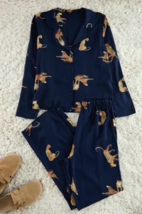 TRENDYOLMiLLA Navy Blue Tiger Patterned Viscose Woven Pajama Set - Image 2