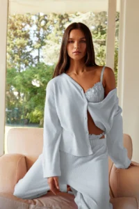 TRENDYOLMiLLA Mavi Brushed Soft Ribbed Cardigan Knitted Pajama Set