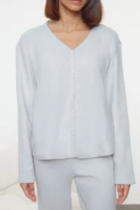 TRENDYOLMiLLA Mavi Brushed Soft Ribbed Cardigan Knitted Pajama Set - Image 5