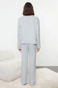 TRENDYOLMiLLA Mavi Brushed Soft Ribbed Cardigan Knitted Pajama Set - Image 7