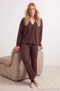 TRENDYOLMiLLA Brown Brushed Soft Ribbed Cardigan Knitted Pajama Set