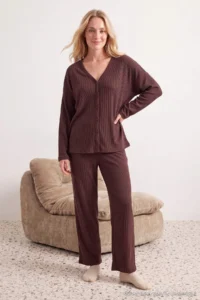 TRENDYOLMiLLA Brown Brushed Soft Ribbed Cardigan Knitted Pajama Set - Image 2