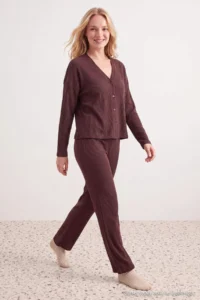 TRENDYOLMiLLA Brown Brushed Soft Ribbed Cardigan Knitted Pajama Set - Image 3