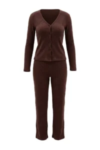 TRENDYOLMiLLA Brown Brushed Soft Ribbed Cardigan Knitted Pajama Set - Image 5