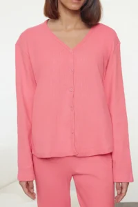TRENDYOLMiLLA Pink Brushed Soft Ribbed Cardigan Knitted Pajama Set - Image 5