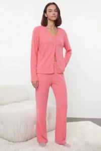 TRENDYOLMiLLA Pink Brushed Soft Ribbed Cardigan Knitted Pajama Set - Image 6