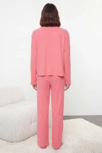 TRENDYOLMiLLA Pink Brushed Soft Ribbed Cardigan Knitted Pajama Set - Image 8
