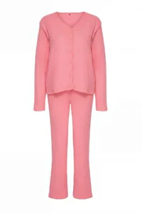 TRENDYOLMiLLA Pink Brushed Soft Ribbed Cardigan Knitted Pajama Set - Image 9