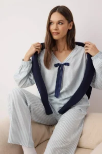 TRENDYOLMiLLA Light Blue Striped Ruffle and Ribbon/Bow Detail Viscose Woven Pajama Set