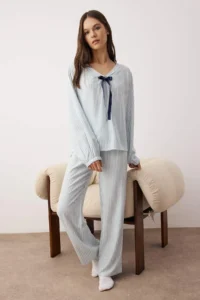 TRENDYOLMiLLA Light Blue Striped Ruffle and Ribbon/Bow Detail Viscose Woven Pajama Set - Image 2
