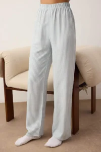 TRENDYOLMiLLA Light Blue Striped Ruffle and Ribbon/Bow Detail Viscose Woven Pajama Set - Image 3