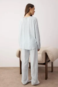 TRENDYOLMiLLA Light Blue Striped Ruffle and Ribbon/Bow Detail Viscose Woven Pajama Set - Image 4