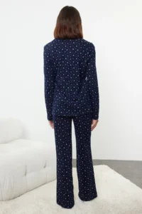 TRENDYOLMiLLA Navy Blue 100% Cotton Galaxy Patterned Knitted Pajama Set - Image 5
